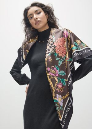 Foulard M imprimé floral 90×90 Negro-Naranja